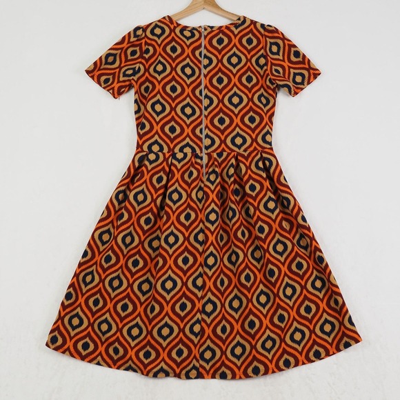 LuluRoe Womens Fit and Flare Dress M Orange Navy Geometric Mod Retro Skater - Picture 2 of 8